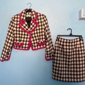 Vintage Wool Plaid Cropped Suit Blazer & Slit Skirt Set